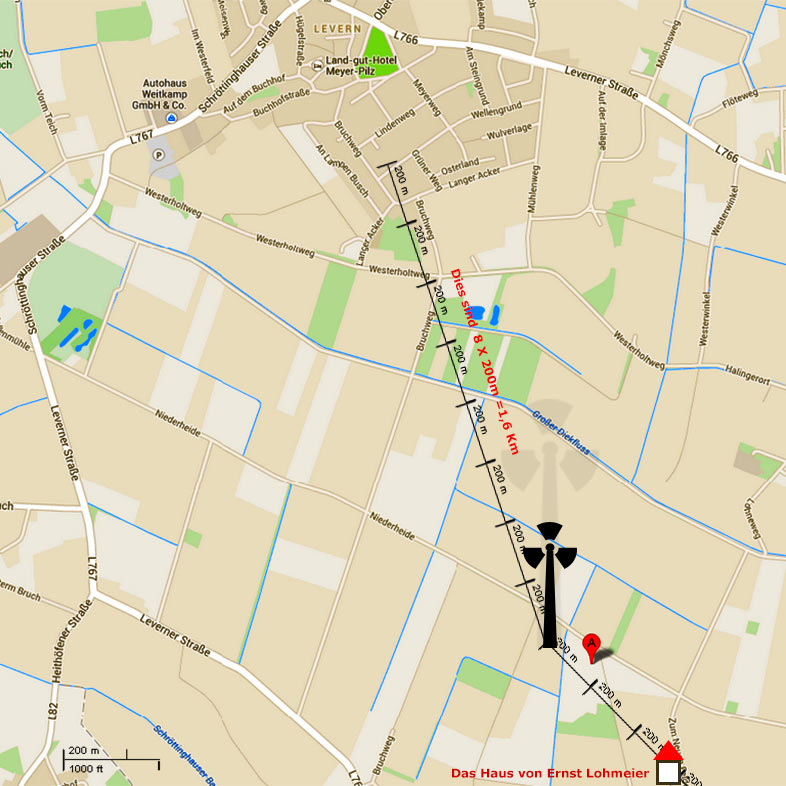 der Abstand zur Straße "Langer Acker" beträgt ca.1500m